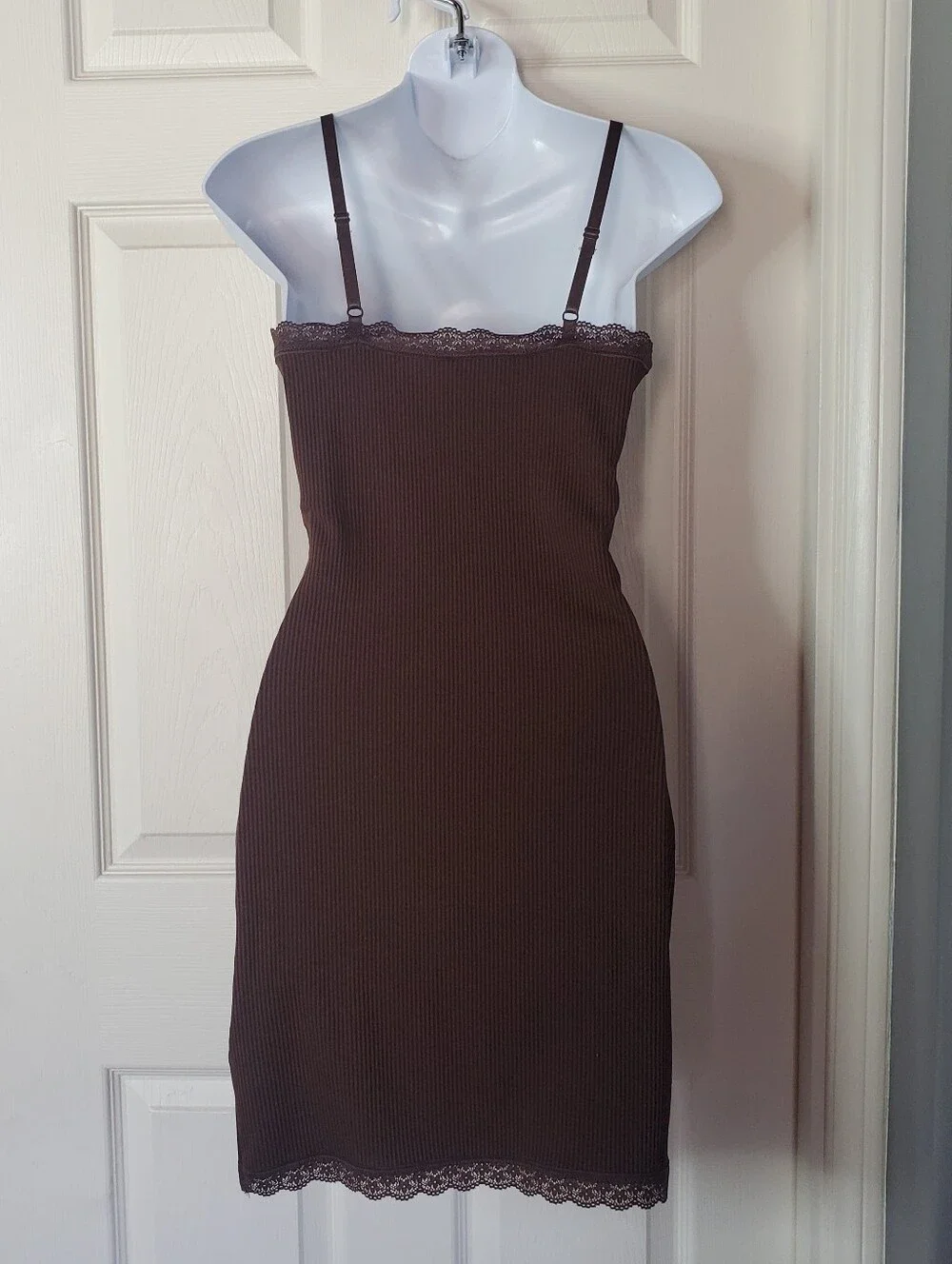 Divided Y2K Brown Ribbed Lace-Trim Slip Mini Dress Babydoll Festival Grunge Smal